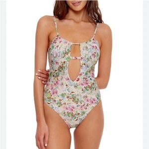 Isabella Rose Keyhole Cutout One-Piece Swimsuit Floral Print Large swim green